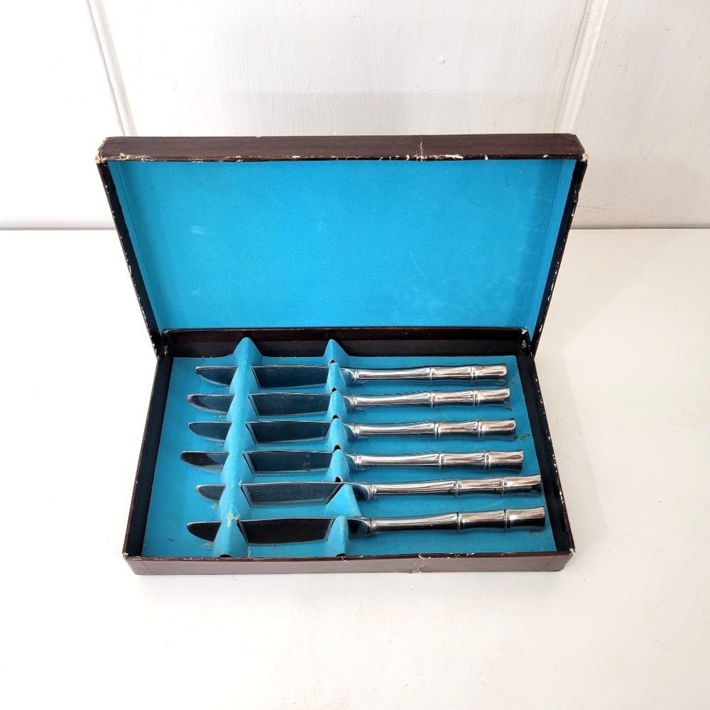Vintage Stainless Knives with Faux Bamboo Handles Set of Six Boxed